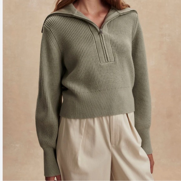 Varley Sage Green Ribbed Half-Zip Cowl Sweater